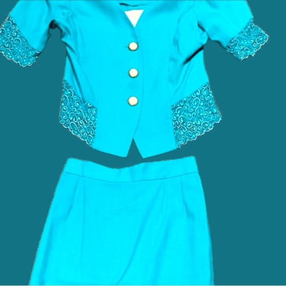 VINTAGE SL Fashions 2-piece skirt suit SET teal turquoise lace blazer 70s 80s - Picture 5 of 16